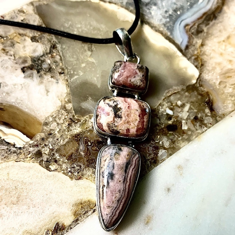 2214 Artisan Pink Rhodochrosite Stone and Silver Necklace